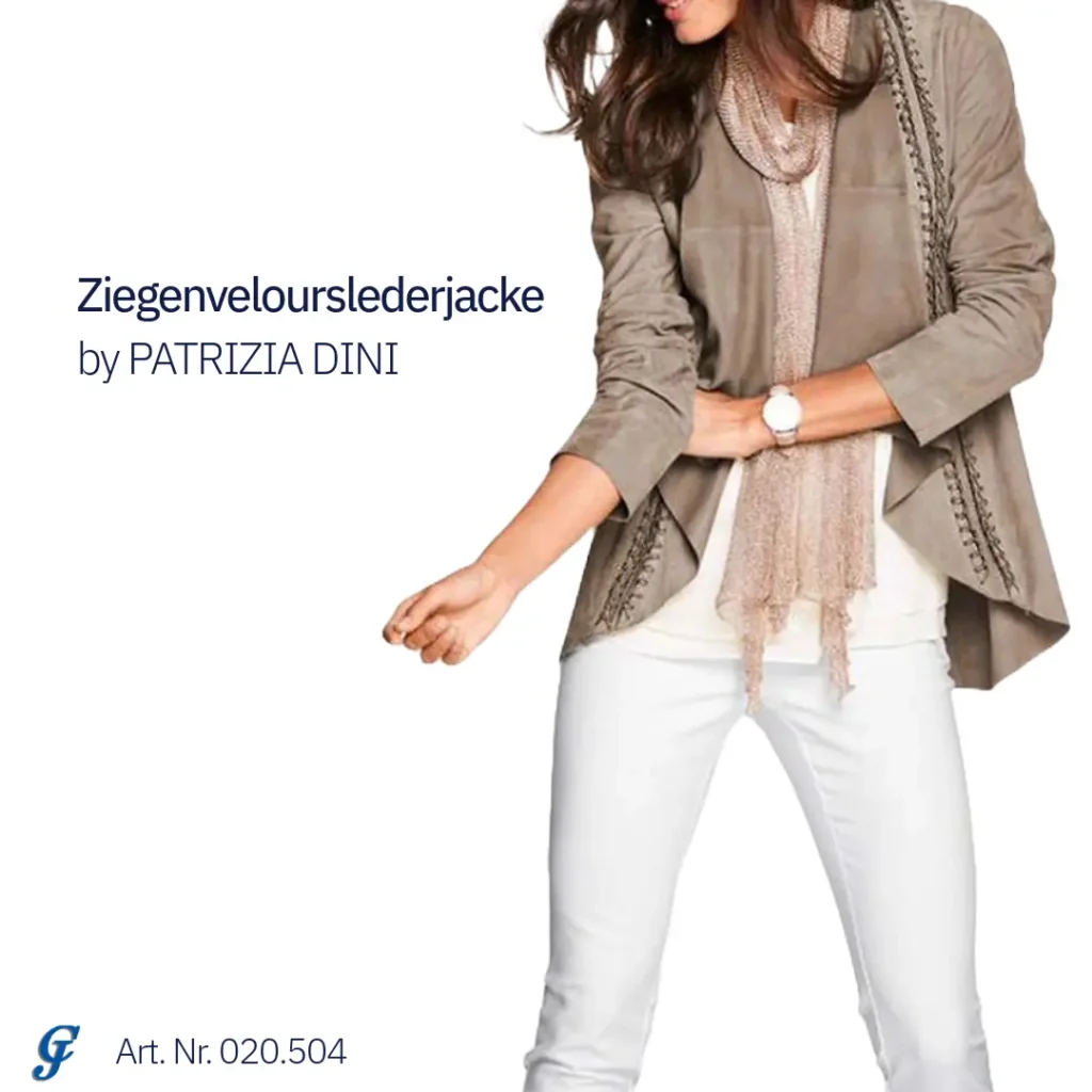 Ziegenvelourslederjacke von Patrizia Dini in Mocha Mousse, hochwertige Damenmode im Restposten-Großhandel.