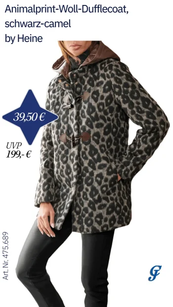 Frau trägt Animalprint-Woll-Dufflecoat, schwarz-camel